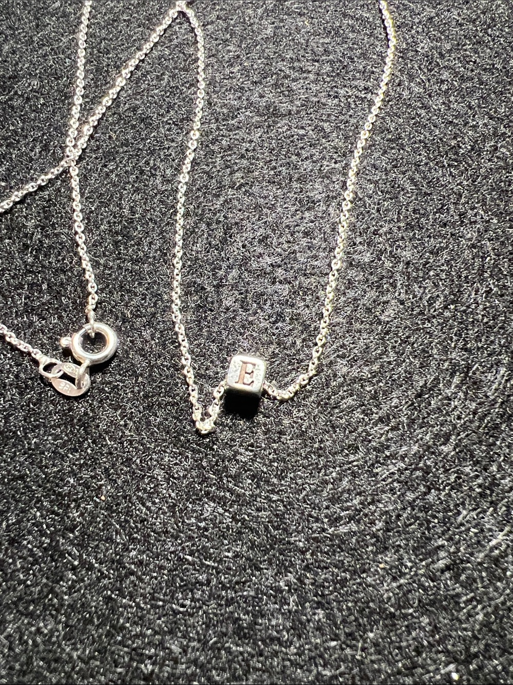 Tiffany &Co.Sterling Silver Initial 'E' Cube Pendant on non Tiffany Necklace 18”